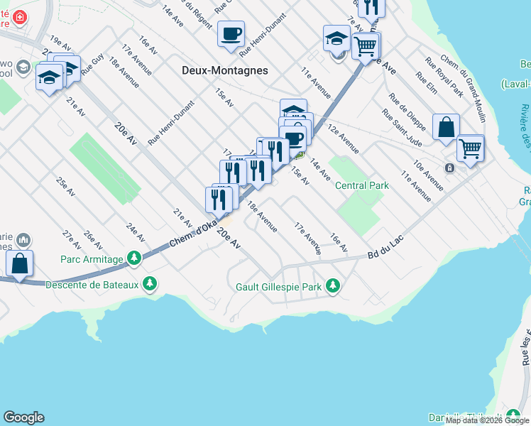 map of restaurants, bars, coffee shops, grocery stores, and more near 115 18e Avenue in Deux-Montagnes