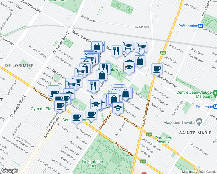 map of restaurants, bars, coffee shops, grocery stores, and more near 4319 Rue Parthenais in Montréal