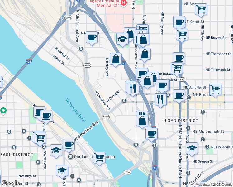 map of restaurants, bars, coffee shops, grocery stores, and more near 299 North Dixon Street in Portland
