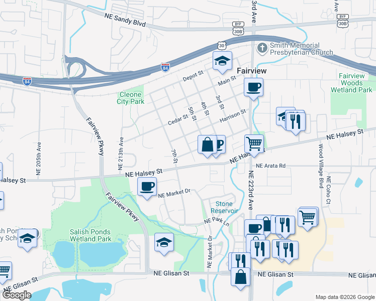 map of restaurants, bars, coffee shops, grocery stores, and more near 609 Lincoln Street in Fairview