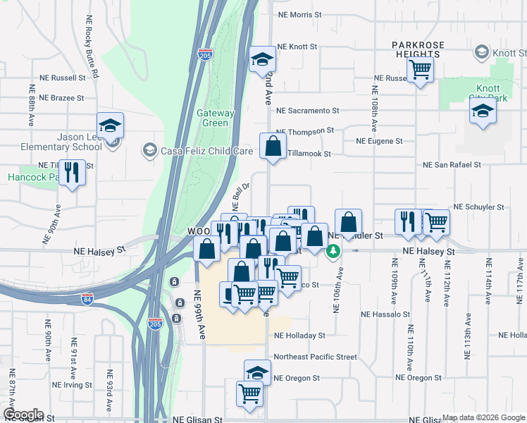 map of restaurants, bars, coffee shops, grocery stores, and more near 1806 Northeast 101st Avenue in Portland