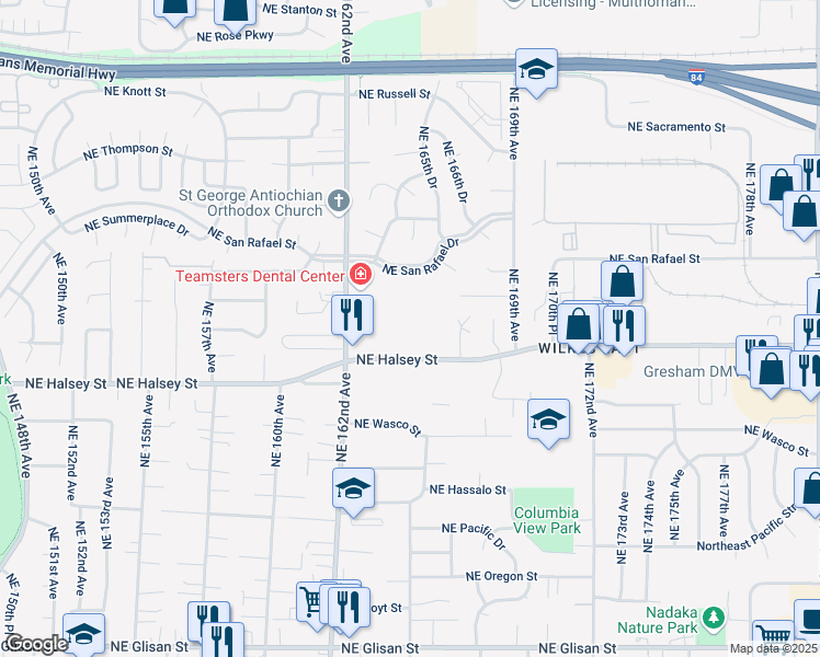map of restaurants, bars, coffee shops, grocery stores, and more near 16411 Wi/ NE Halsey Street in Portland