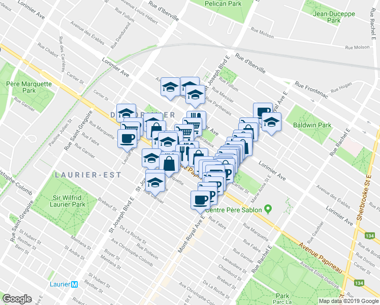 map of restaurants, bars, coffee shops, grocery stores, and more near 4737 Rue Cartier in Montréal