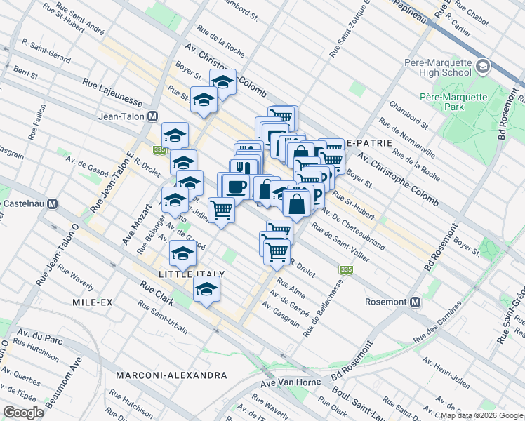 map of restaurants, bars, coffee shops, grocery stores, and more near 6605 Rue Saint-Denis in Montréal