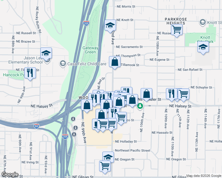 map of restaurants, bars, coffee shops, grocery stores, and more near 1806 Northeast 101st Avenue in Portland