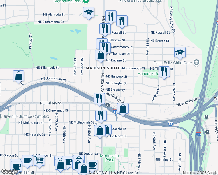map of restaurants, bars, coffee shops, grocery stores, and more near 8232 Northeast Schuyler Street in Portland