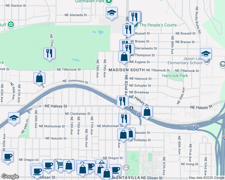 map of restaurants, bars, coffee shops, grocery stores, and more near 7934 Northeast Schuyler Street in Portland