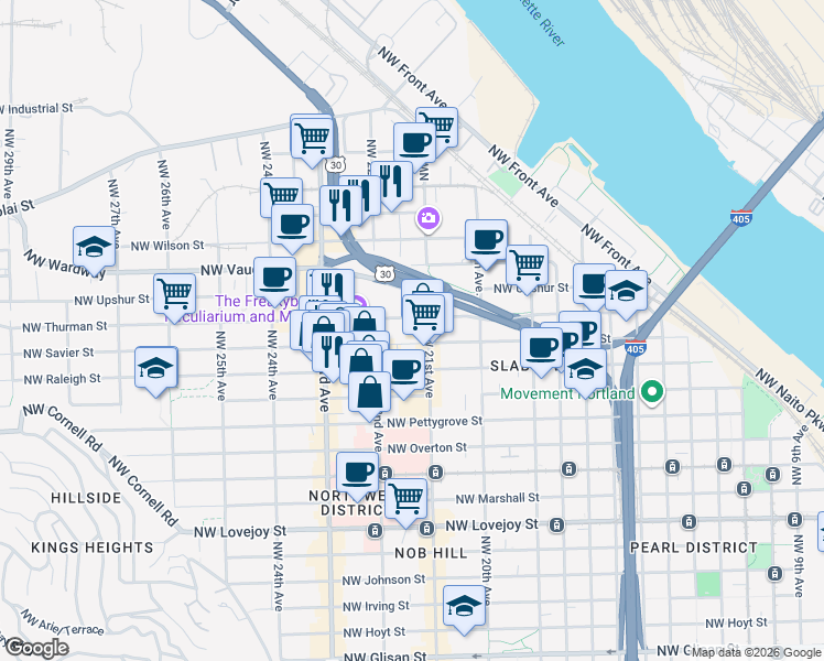 map of restaurants, bars, coffee shops, grocery stores, and more near in Portland