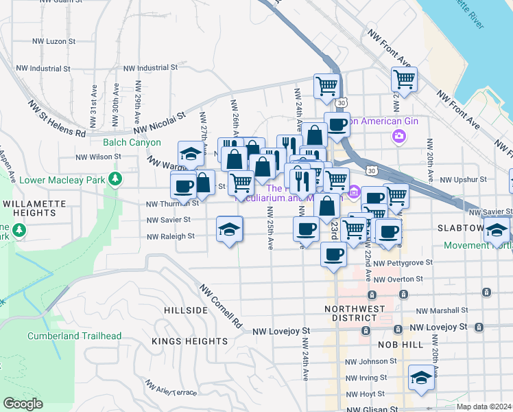 map of restaurants, bars, coffee shops, grocery stores, and more near 2501 Northwest Thurman Street in Portland
