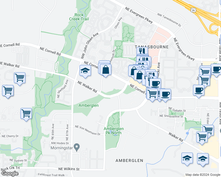 map of restaurants, bars, coffee shops, grocery stores, and more near 2200 Northwest Amberbrook Drive in Hillsboro