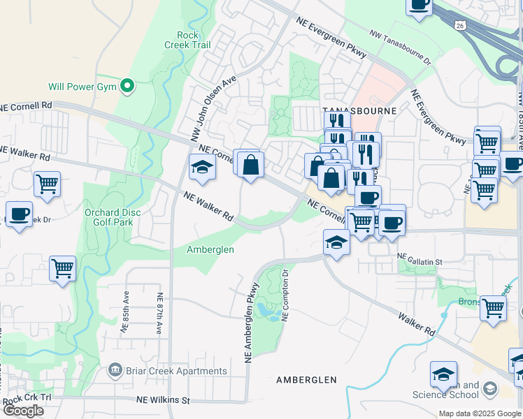 map of restaurants, bars, coffee shops, grocery stores, and more near 2200 Northwest Amberbrook Drive in Hillsboro