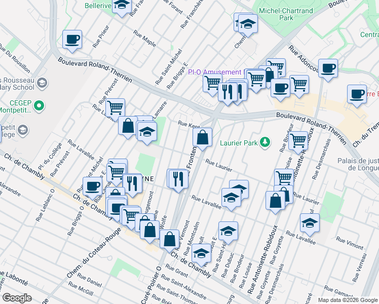 map of restaurants, bars, coffee shops, grocery stores, and more near 1861 Rue Laurier in Longueuil