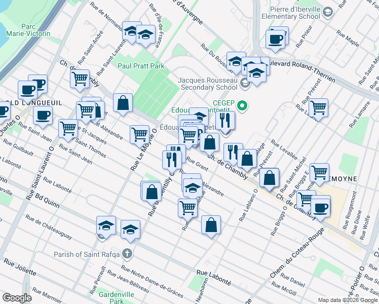 map of restaurants, bars, coffee shops, grocery stores, and more near 24 Rue de Gentilly Ouest in Longueuil