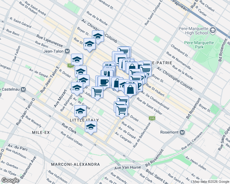 map of restaurants, bars, coffee shops, grocery stores, and more near 6605 Rue Saint-Denis in Montréal
