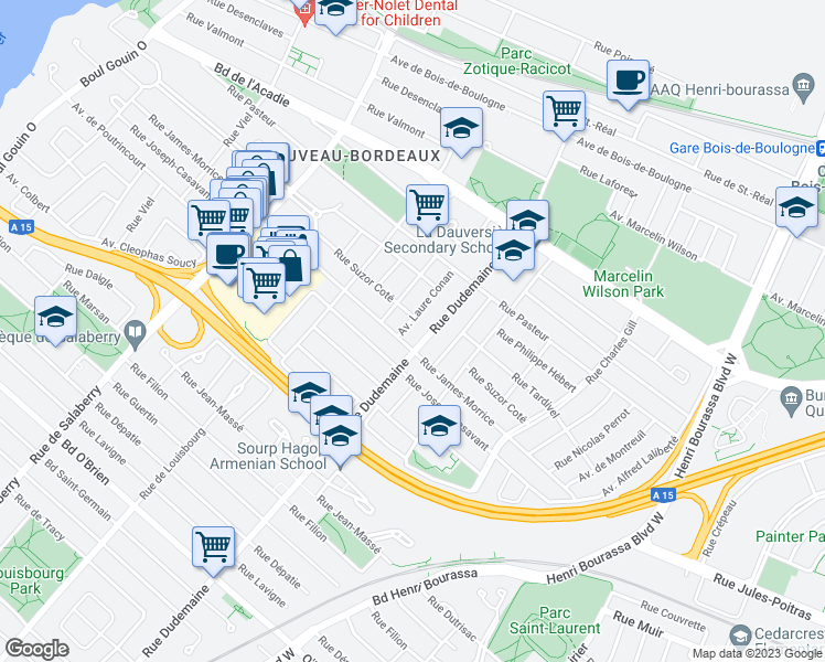 map of restaurants, bars, coffee shops, grocery stores, and more near 2420 Avenue Laure Conan in Montréal