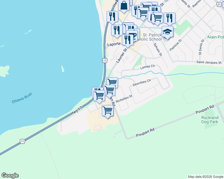 map of restaurants, bars, coffee shops, grocery stores, and more near 2165 Cecile Crescent in Clarence-Rockland