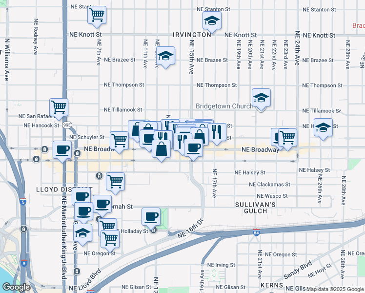 map of restaurants, bars, coffee shops, grocery stores, and more near 1312 Northeast Schuyler Street in Portland