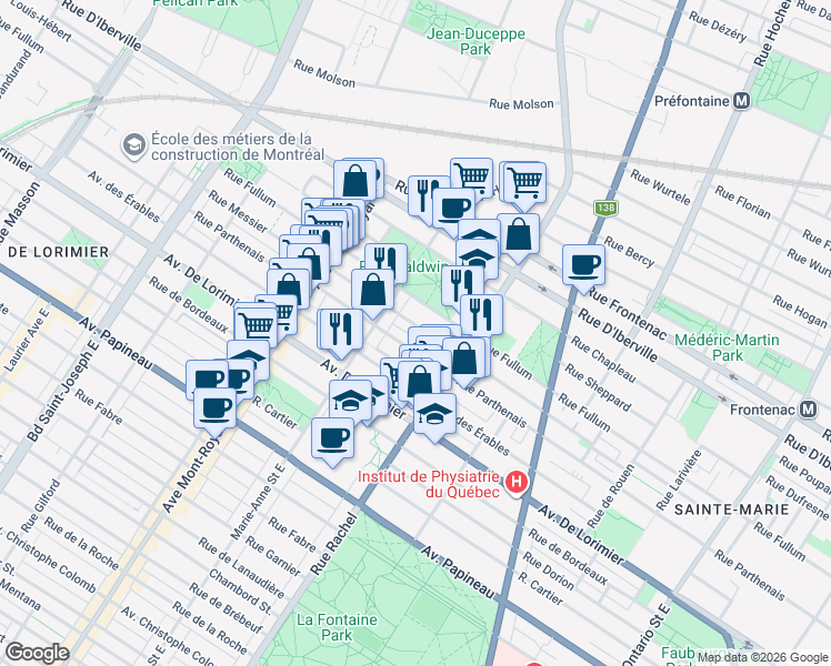 map of restaurants, bars, coffee shops, grocery stores, and more near 4272 Rue Messier in Montréal