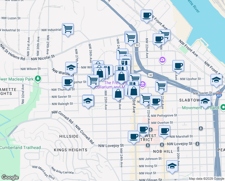 map of restaurants, bars, coffee shops, grocery stores, and more near 2446 Northwest Thurman Street in Portland