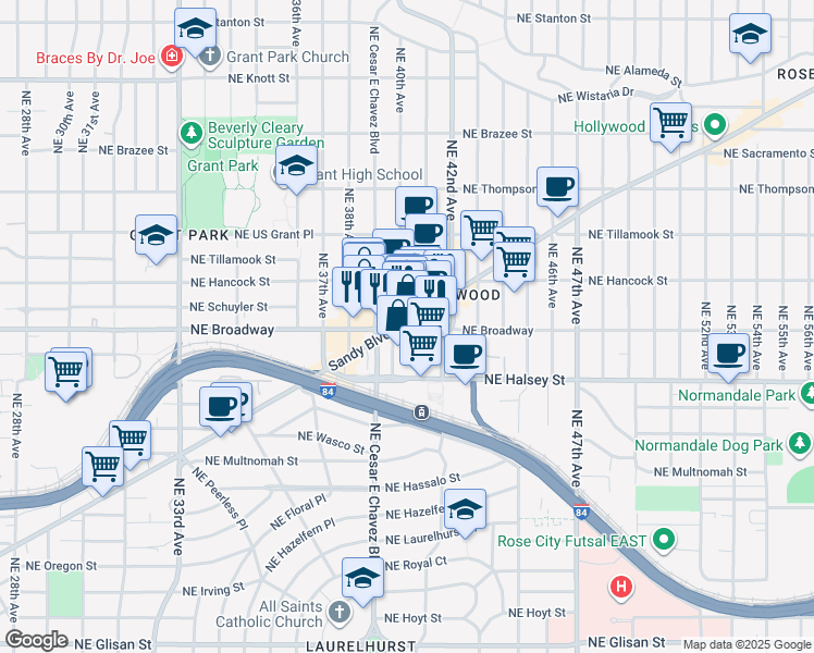 map of restaurants, bars, coffee shops, grocery stores, and more near 4010 Northeast Sandy Boulevard in Portland