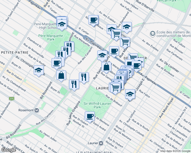 map of restaurants, bars, coffee shops, grocery stores, and more near 6308 Rue de Lanaudière in Montréal