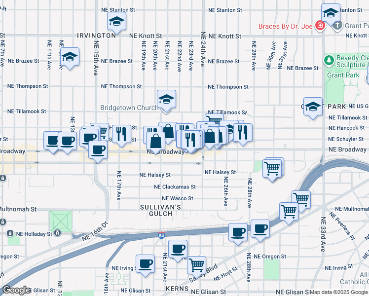 map of restaurants, bars, coffee shops, grocery stores, and more near 1737 Northeast 22nd Avenue in Portland