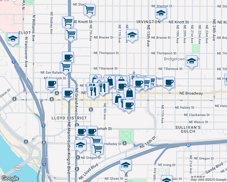 map of restaurants, bars, coffee shops, grocery stores, and more near 1730 Northeast 10th Avenue in Portland