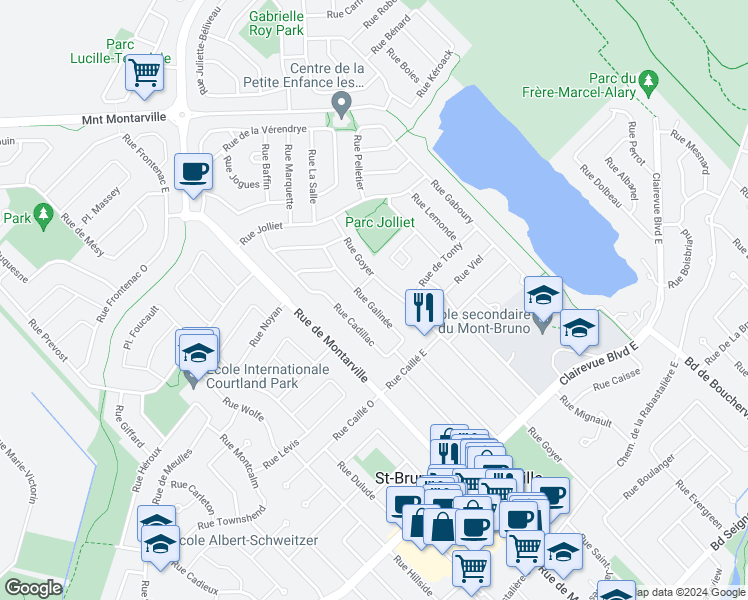 map of restaurants, bars, coffee shops, grocery stores, and more near 1032 Rue Galinée in Saint-Bruno-de-Montarville
