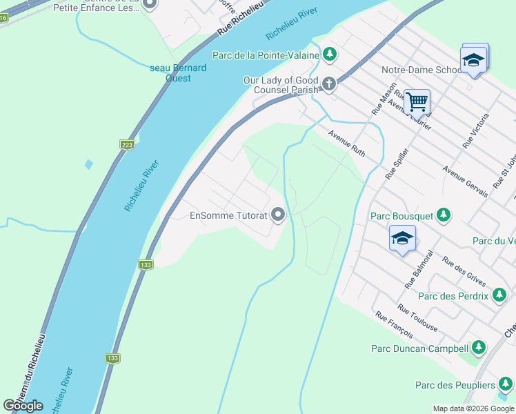map of restaurants, bars, coffee shops, grocery stores, and more near 2541 Boulevard Dormicour in Otterburn Park