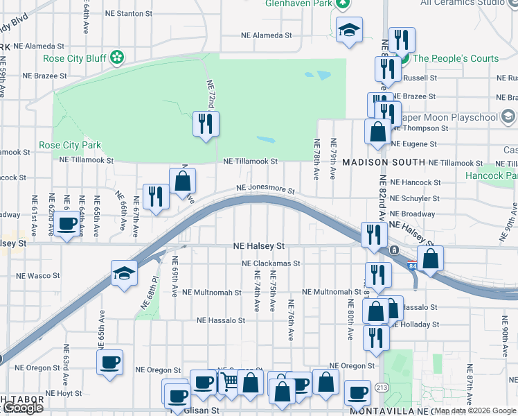 map of restaurants, bars, coffee shops, grocery stores, and more near 7408 Northeast Broadway Street in Portland