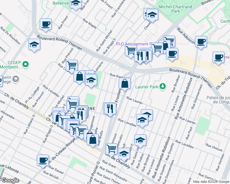 map of restaurants, bars, coffee shops, grocery stores, and more near 1851 Rue Laurier in Longueuil