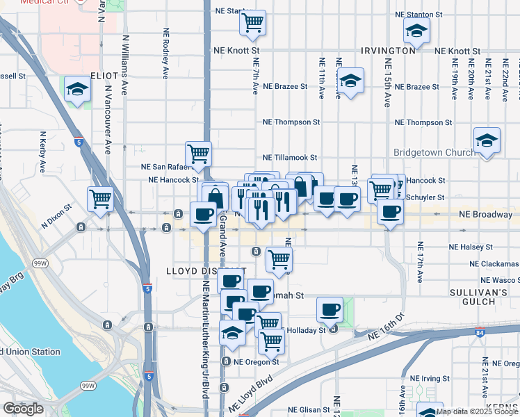 map of restaurants, bars, coffee shops, grocery stores, and more near in Portland