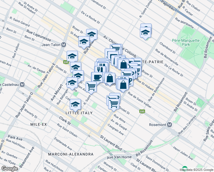 map of restaurants, bars, coffee shops, grocery stores, and more near 6621 Rue Saint-Denis in Montréal