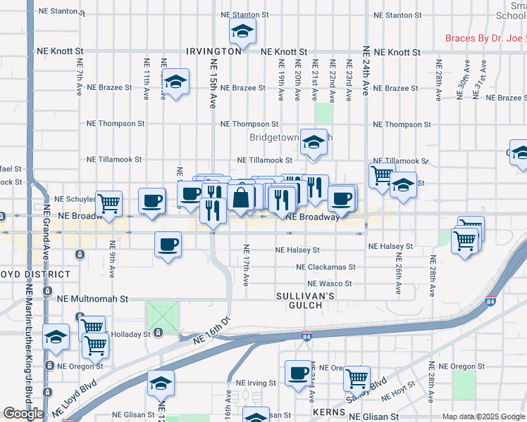 map of restaurants, bars, coffee shops, grocery stores, and more near 1820 Northeast Schuyler Street in Portland