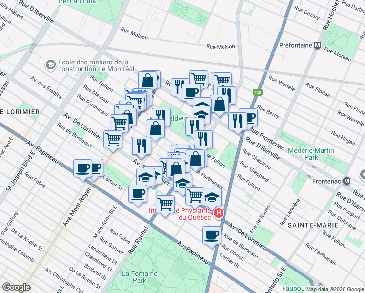 map of restaurants, bars, coffee shops, grocery stores, and more near 4231 Rue Messier in Montréal