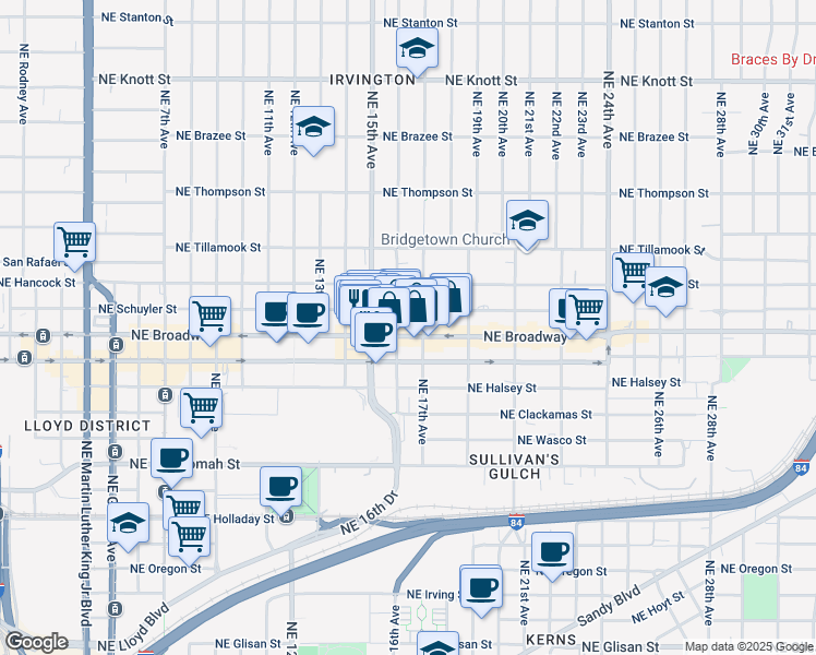 map of restaurants, bars, coffee shops, grocery stores, and more near 1615 Northeast Broadway Street in Portland