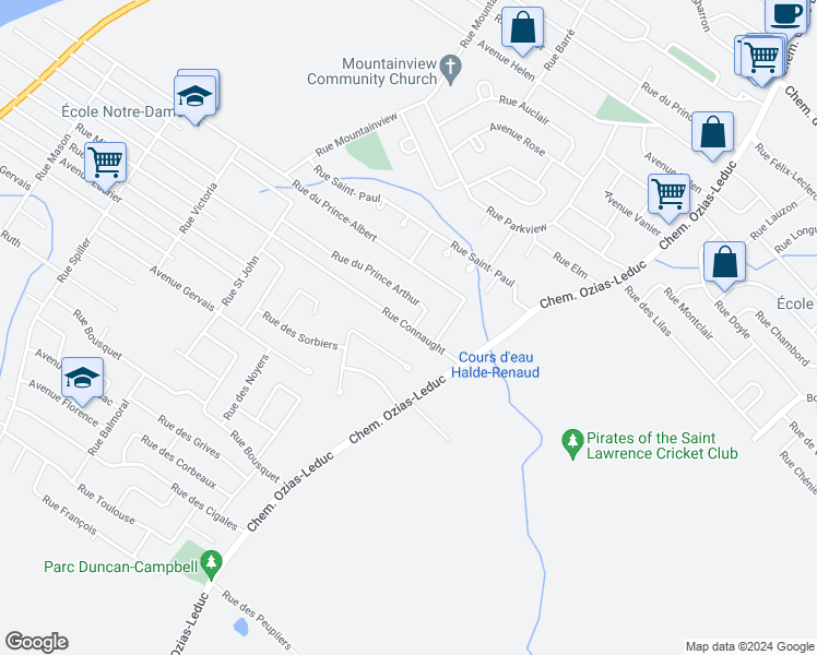 map of restaurants, bars, coffee shops, grocery stores, and more near 598 Rue Connaught in Otterburn Park