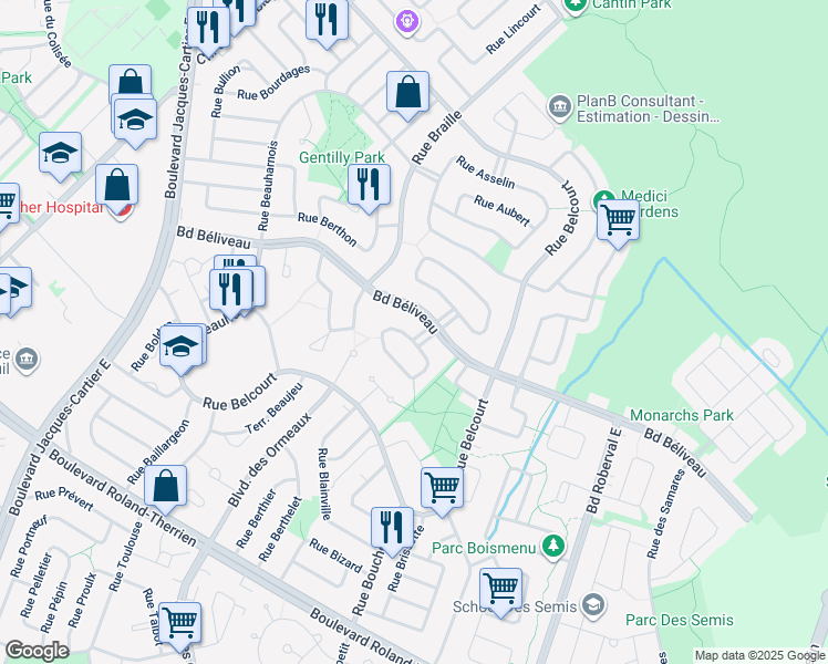 map of restaurants, bars, coffee shops, grocery stores, and more near 2917 Terrasse Bourinot in Longueuil