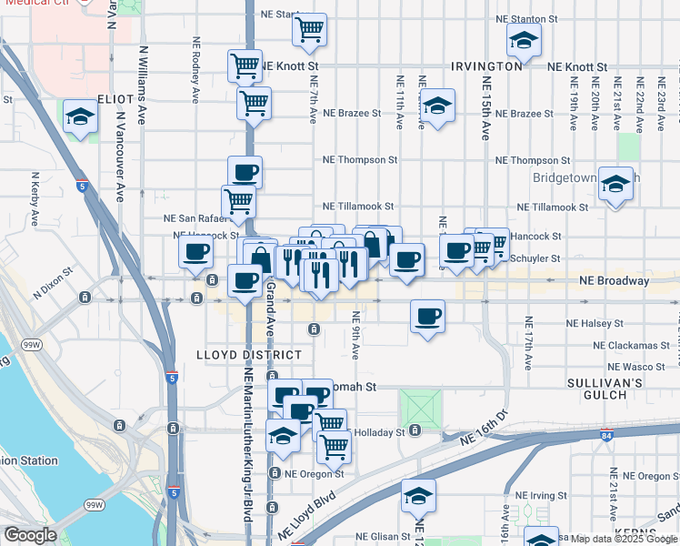 map of restaurants, bars, coffee shops, grocery stores, and more near 801 Northeast Broadway Street in Portland