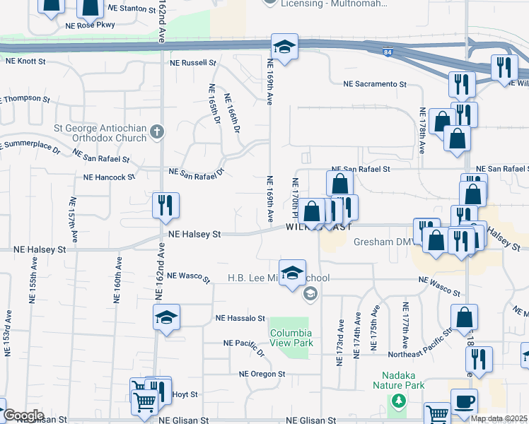 map of restaurants, bars, coffee shops, grocery stores, and more near 1715 Northeast 169th Avenue in Portland