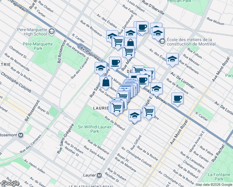 map of restaurants, bars, coffee shops, grocery stores, and more near 5212 Rue Fabre in Montréal
