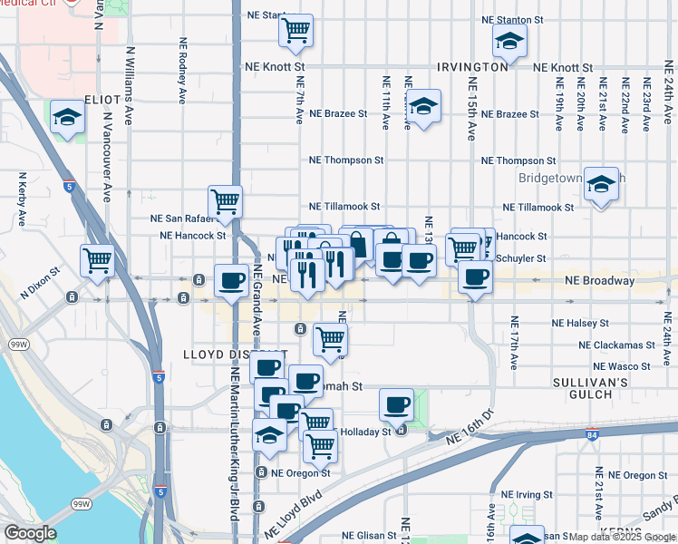 map of restaurants, bars, coffee shops, grocery stores, and more near in Portland