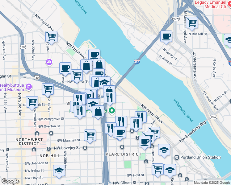 map of restaurants, bars, coffee shops, grocery stores, and more near 1734 Northwest 14th Avenue in Portland