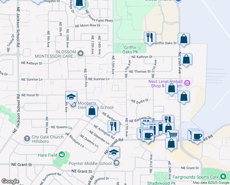 map of restaurants, bars, coffee shops, grocery stores, and more near 1516 Northeast Herrold Court in Hillsboro