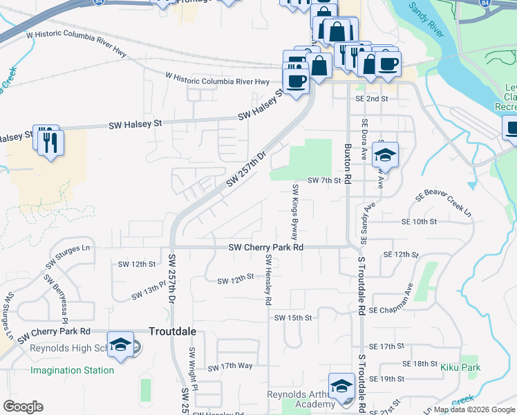 map of restaurants, bars, coffee shops, grocery stores, and more near 672 Southwest Sunset Way in Troutdale