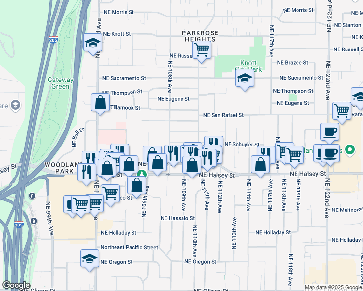 map of restaurants, bars, coffee shops, grocery stores, and more near 10925 Northeast Schuyler Street in Portland