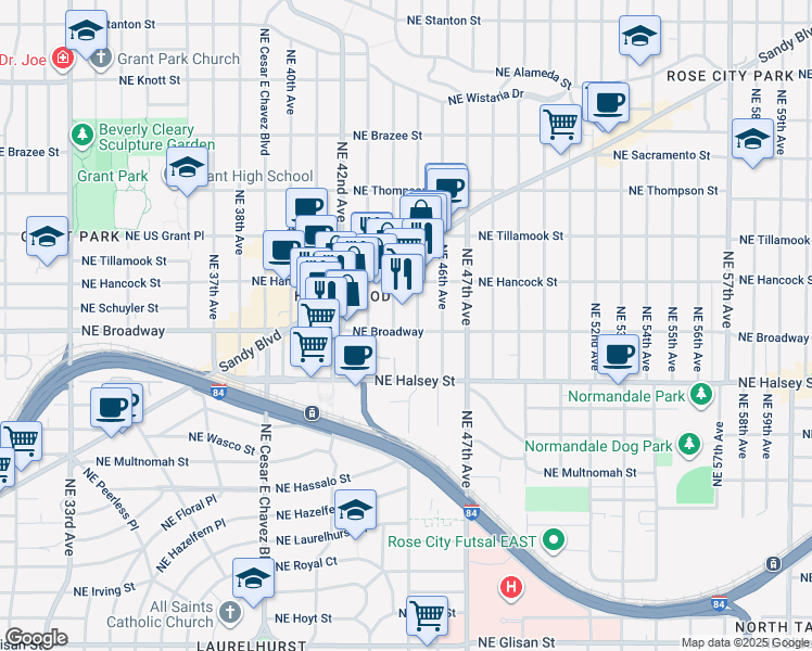 map of restaurants, bars, coffee shops, grocery stores, and more near in Portland