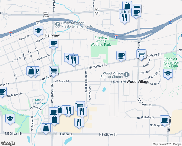 map of restaurants, bars, coffee shops, grocery stores, and more near 22920 Northeast Halsey Street in Wood Village
