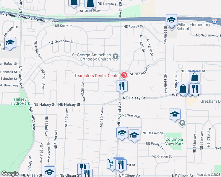 map of restaurants, bars, coffee shops, grocery stores, and more near 1801 Northeast 162nd Avenue in Portland