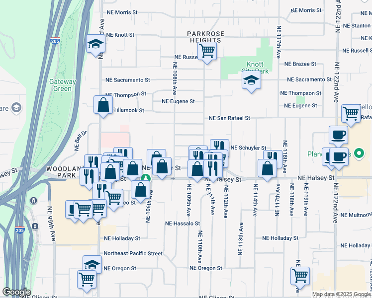 map of restaurants, bars, coffee shops, grocery stores, and more near 10925 Northeast Schuyler Street in Portland